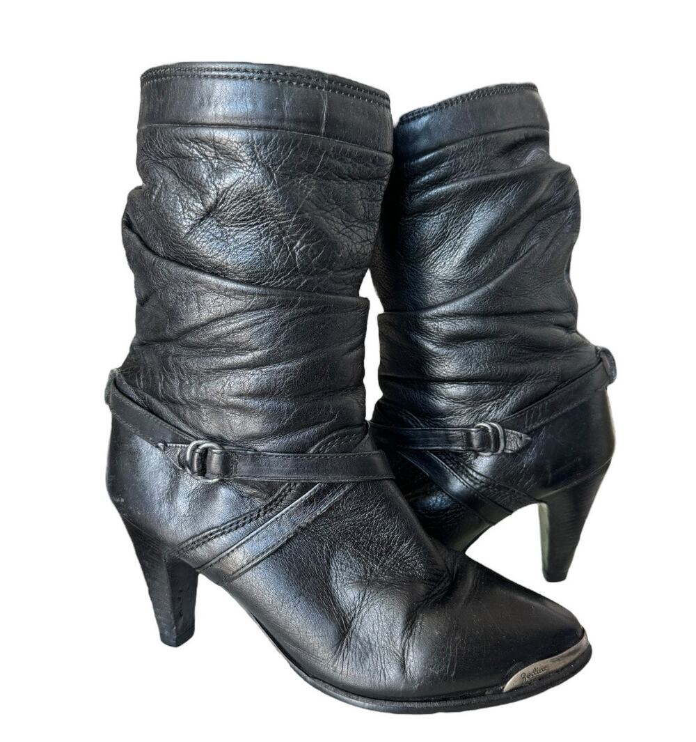 Vintage Zodiac USA Black Leather High Heel Slouch Boots w silver toes size 7.5-8
